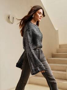 Anewsta Gradient Silver Foil Jumper In Black, Knit Pullover Fall Winter - Black - View 5