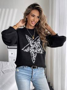 SHEIN LUNE Áo len nữ dáng rộng đơn giản, áo chui đầu dệt kim mùa thu đông. - màu đen - Xem 3