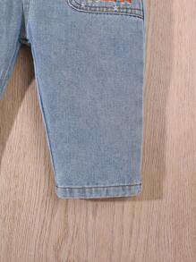 Kleinkind Lässig & Niedlich Halloween Kürbis Stickerei Gewascheney Denim Latzhose