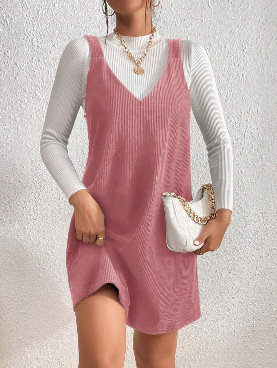 SHEIN Essnce 灯芯绒纯色宽肩带简约无袖休闲连衣裙 - 藕粉色 - 查看 1