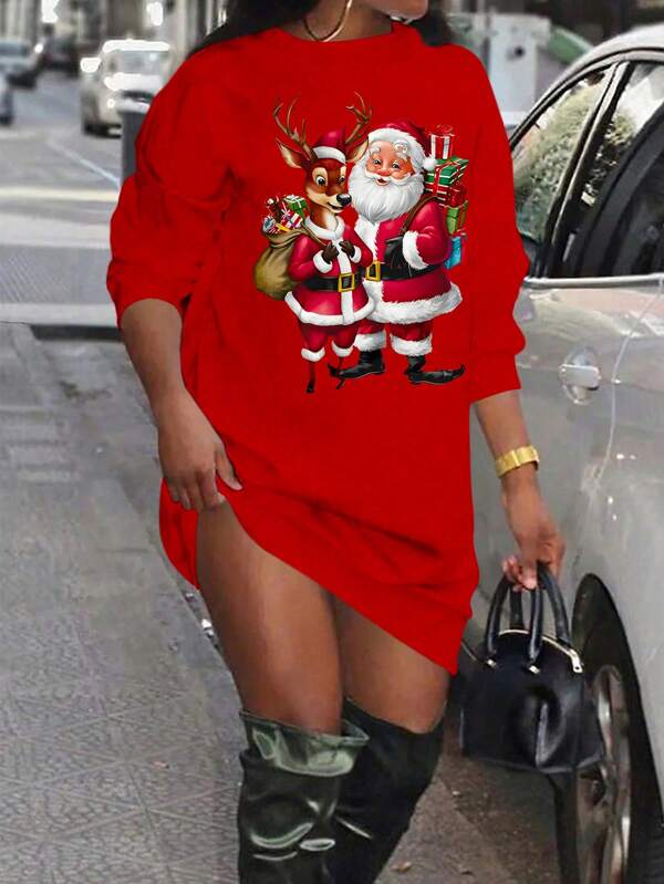 Maweii Sukienka damska w dużym rozmiarze z nadrukiem Świętego Mikołaja, z okrągłym dekoltem i długim rękawem, na co dzień, na wiosnę/lato, ubrania świąteczne w kolorze bordowym