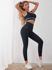 Gameset SHEIN Sport Quần legging thể thao liền mạch thoáng khí họa tiết chữ dành cho nữ tập yoga - màu đen - Xem 4