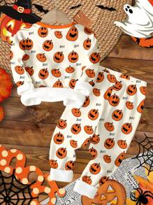 SHEIN Halloween Home, Pumpkins, Bats, Spiders, Boo Yeah, Young Boy Casual Minimalist Thermal Lined Snug Fit Long Sleeve Crew Neck Pants Pajama Set, Suitable For Autumn/Winter - Multicolor - View 2
