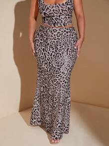 SHEIN BAE Plus Size Women Low Waist Leopard Print   Super Long Semi-Skirt & Suitable For Music Festival Wear And Daily Street Fashion Skirts - Apricot - View 5