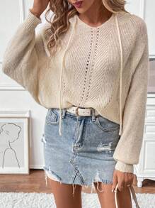 SHEIN LUNE Women's Solid Color Raglan Sleeve Drawstring Hooded Casual Sweater, Autumn/Winter, Knit Pullover Fall - Apricot - View 1