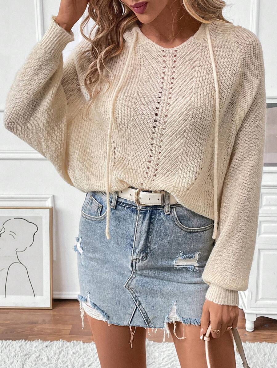SHEIN LUNE Women's Solid Color Raglan Sleeve Drawstring Hooded Casual Sweater, Autumn/Winter, Knit Pullover Fall - Apricot - View 1