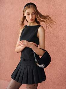 Enchnt Vestido Elegante Feminino Sem Mangas com Plissados e Decote Nas Costas, Cor Sólida, Verão - Preto - Visão 6