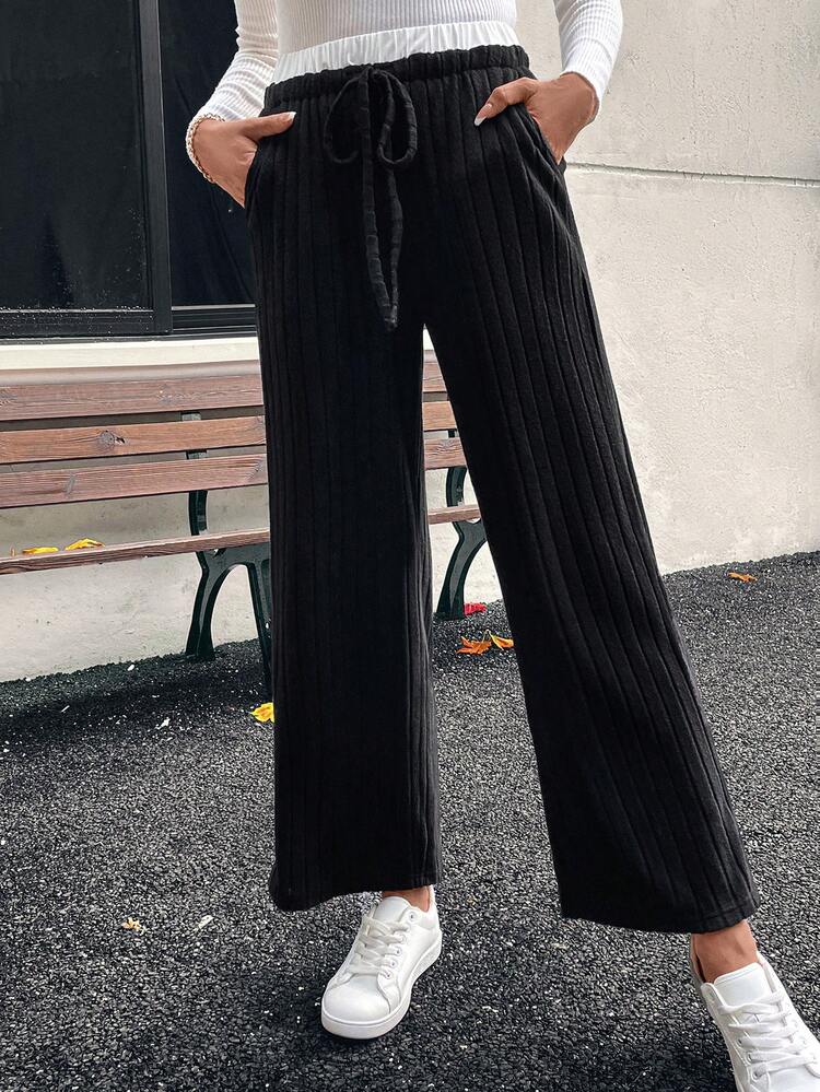 Women's Tie Waist Pocket Casual Loose Wide Leg Pants