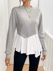 SHEIN Essnce Jersey de cuello redondo para mujer, otoño 2024, diseño asimétrico con bloqueo de color y empalme, jersey de otoño 2 en 1, parte superior suelta con dobladillo en A, gris, manga larga