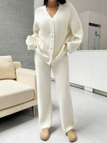 SHEIN Essnce 2pcs Women's Casual Solid Color Lantern Sleeve Cardigan And Pants Set, Autumn - White - View 4