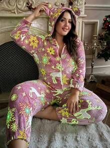 加大码圣诞驯鹿雪花印花保暖法兰绒连帽连体衣，带霓虹灯、夜光效果和蓬松感 - 紅色 - 查看 2