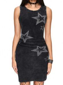 ROMWE Fairycore Women's Star Printed Snowflake Fabric Bodycon Dress With Hip & Pearl Details