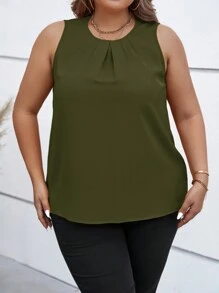 SHEIN Clasi Plus Size Women's Summer Solid Color Round Neck Ruched Sleeveless Casual Blouse - Army Green - View 6