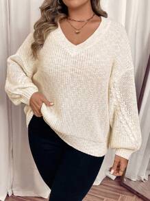 SHEIN VCAY Plus Size V-Neck White Sweater With Special Textured Yarn,Floral Knit Sleeve,Autumn Smart Casual Everyday Elegant Woman Clothing For Winter,Parties - White - View 4