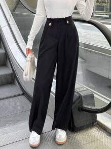 EURMUSE Women Solid Color Mid Waist Wide Leg Pants - Black - View 3