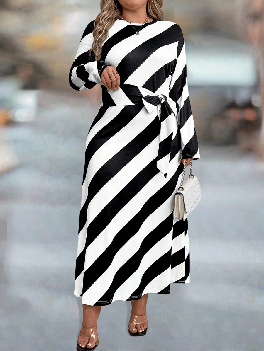 SHEIN Clasi Plus Size Striped Long Sleeve Knit Dress Maxi Women Outfit Fall Cloth For Women - Black and White - View 1