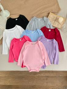 SHEIN LMoss Kids LMoss 8件套女婴休闲纯色弹力针织长袖连体衣，适合居家和外出穿着