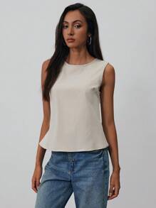 Aloruh 女士无袖露背系带设计休闲时尚衬衫 - 杏色 - 查看 5