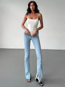 Aloruh Minimalist Commuting Young Lady Strappy Open Back Fitted Bodysuit In Apricot - White - View 3