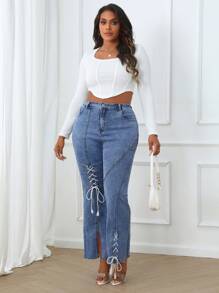 SHEIN Essnce Damen Große Größen Jeans mit Tasche, Auge-Band-Details und ausgestelltem Bein - Mittele Waschung - Übersicht 3