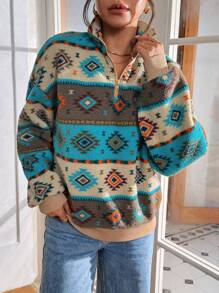 SHEIN Essnce Women Autumn And Winter Fair Isle Geometric Print Pullover Sweatshirt,Quarter Zip,Teddy ,Christmas Clothes,Winter Clothes,Fall Clothes,Zip Up Women Hoodie,Fall Outfits, Long Sleeve Tops - Multicolor - View 3