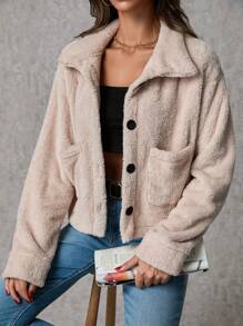 SHEIN Tall 女士双口袋落肩毛绒夹克