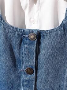 SHEIN Playful Pals 3pcs Young Girl Denim Jumper Blouse And Fringe Hem Pants Set - Medium Wash - View 3
