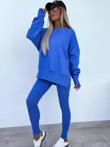 INAWLY 2pcs/Set Women's Solid Round Neck Drop Shoulder Long Sleeve Sweatshirt And Pants Casual Suit, Autumn Winter Fall Cloth For Women - Blue - View 5