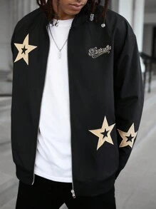 Manfinity EMRG 男士休闲星星字母刺绣夹克，秋季 - 黑色 - 查看 4