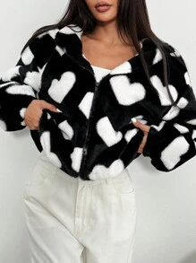SHEIN EZwear Chaqueta de peluche con capucha con cremallera, hombros caídos y estampado de corazones rosas, cómoda para el otoño/invierno - Blanco y Negro - Ver 6
