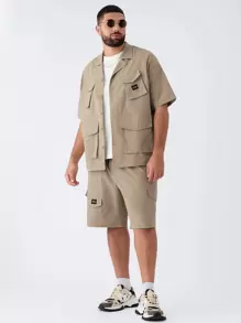 Manfinity VCAY 2pcs/Set Plus Size Men's Casual Woven Loose Drop Shoulder Short Sleeve Shirt With Drawstring Waist - Apricot - View 1