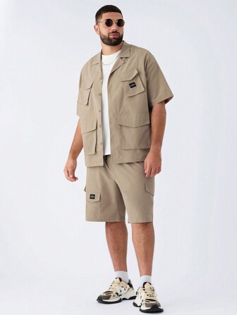 Manfinity NXTstreet 2pcs/Set Plus Size Men's Casual Woven Loose Drop Shoulder Short Sleeve Shirt With Drawstring Waist