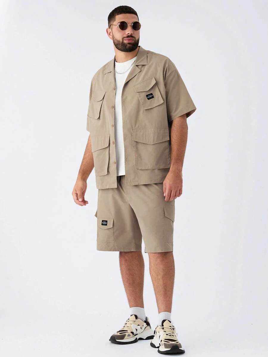 Manfinity VCAY 2pcs/Set Plus Size Men's Casual Woven Loose Drop Shoulder Short Sleeve Shirt With Drawstring Waist - Apricot - View 1