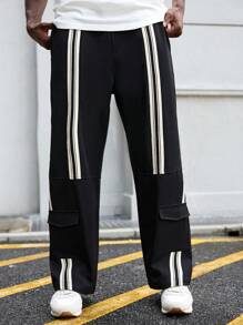 Manfinity Roghcode Pantalones casuales con estampado de rayas de moda y estilo callejero para hombres, de tipo de poner y quitar - Negro - Ver 4