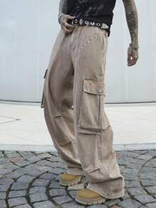 Manfinity EMRG Quần Cargo Denim Giặt Thường Ngày Cho Nam - Màu Khaki - Xem 5