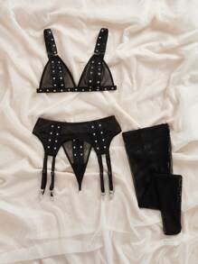 SHEIN 女士铆钉装饰网眼撞色性感内衣套装 - 黑色 - 查看 6