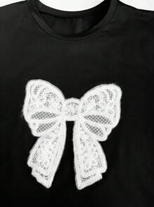 SHEIN LUNE 女士夏季宽松蝴蝶图案圆领落肩 T 恤图案 T 恤女式上衣 - 黑色 - 查看 3