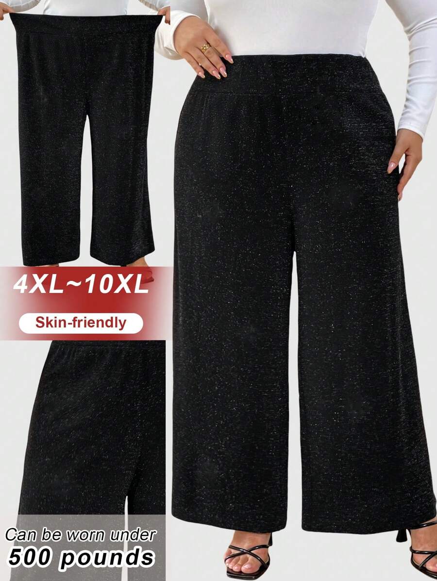 SHEIN CURVE+ Pantalones de fiesta elegantes con aplicaciones de lentejuelas para mujeres de tallas grandes - Negro - Ver 1