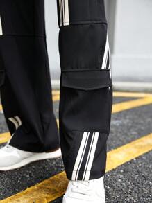 Manfinity Roghcode Pantalones casuales con estampado de rayas de moda y estilo callejero para hombres, de tipo de poner y quitar - Negro - Ver 6