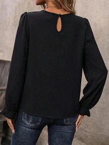 Ladies' Round Neck Pleated Design Flared Sleeves Solid Color Casual Commuting Top Suitable For Spring And Autumn - Black - View 2
