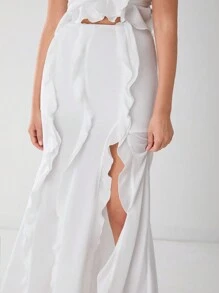 Enchnt Falda casual de vacaciones con pliegues, volantes y abertura en el bajo, de unicolor para mujer - Blanco - Ver 6