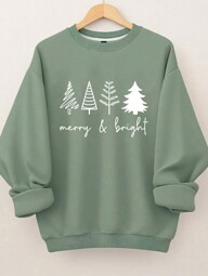 SHEIN LUNE Plus Size Women's Merry & Bright Christmas Trees Print Sweatshirt Pullover Fall Outfit