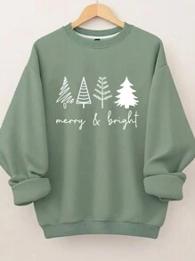 SHEIN LUNE Áo nỉ nữ cỡ lớn in hình cây thông Noel rực rỡ và tươi vui, thích hợp mặc mùa thu. - màu xanh lá - Xem 1