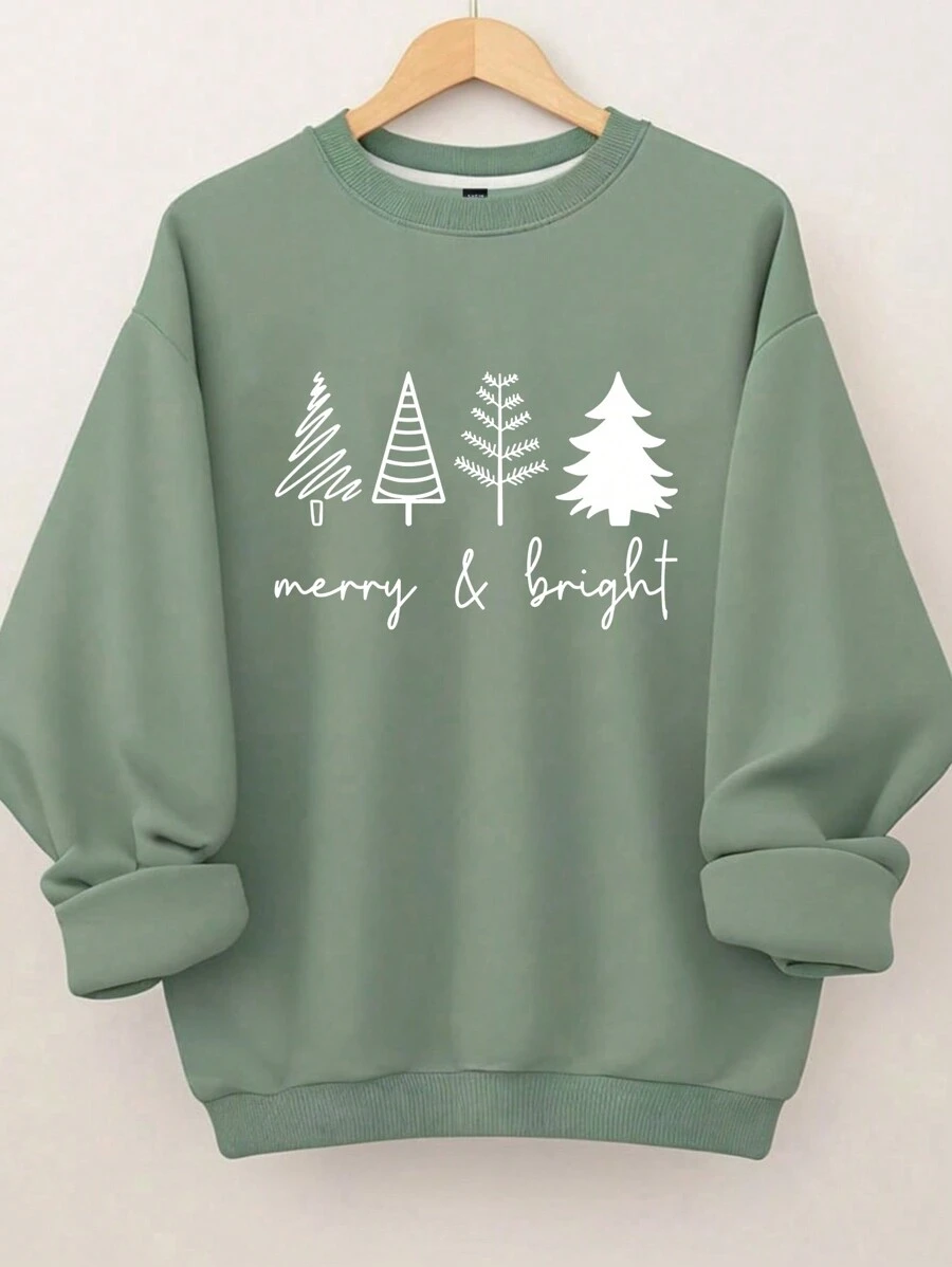 SHEIN LUNE Áo nỉ nữ cỡ lớn in hình cây thông Noel rực rỡ và tươi vui, thích hợp mặc mùa thu. - màu xanh lá - Xem 1