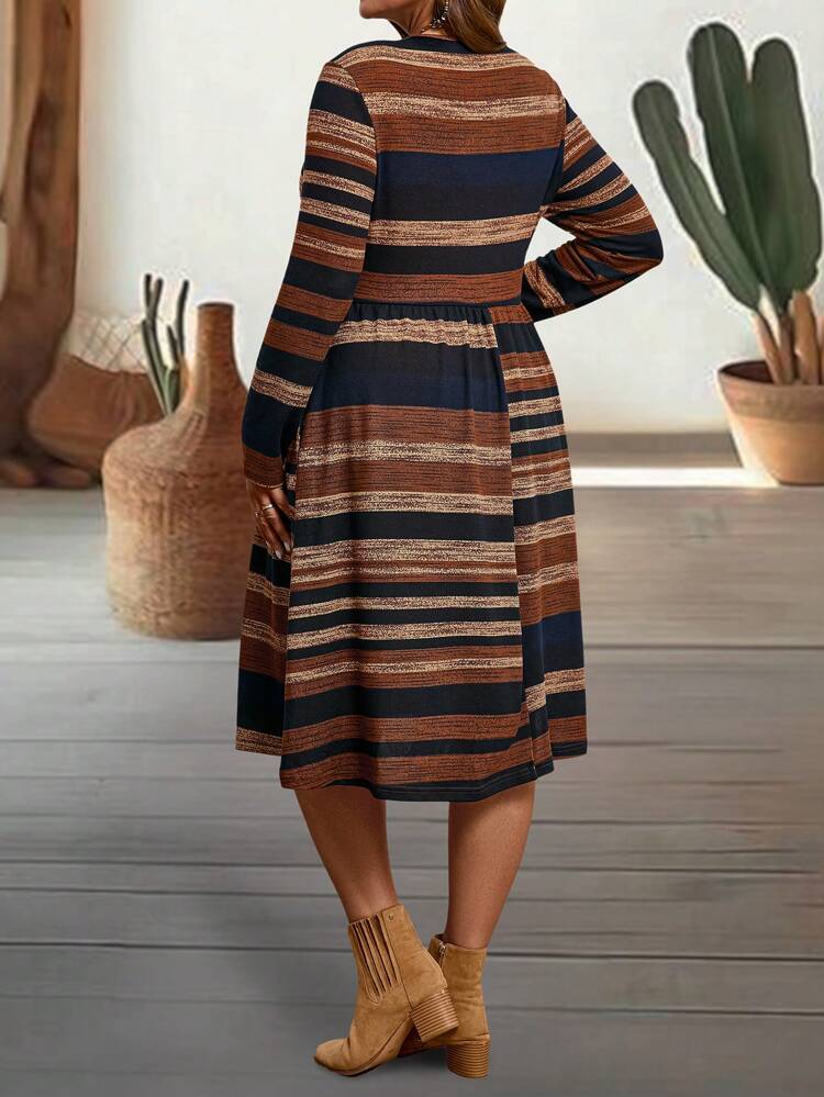 Plus Size Women Long Sleeve Striped Fall Dress, Autumn,Spring/Summer/Vacation