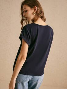 Poéselle Summer Navy Blue Cotton Casual Embroidered Cotton T-Shirt, Loose Version Wear Comfortable And Breathable, Small Lemon Embroidered T-Shirt, Suitable For Daily Commuting Holiday Home Wear