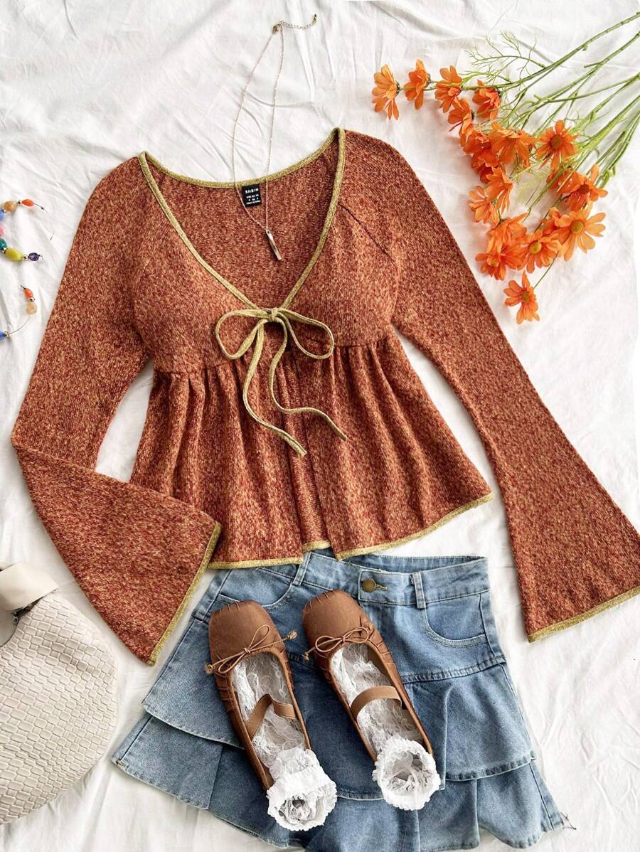 Soleia WYWH 女士度假 V 领喇叭袖罩衫，拼色 V 领前系带蝴蝶结衬衫 - 彩色 - 查看 1