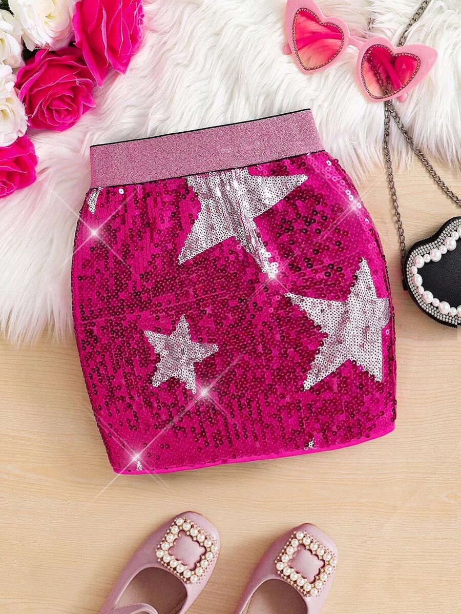 Falda con estampado de estrellas y lentejuelas para niña, falda para actuaciones, ropa de fiesta, para Navidad - Rosa Fucsia - Ver 1