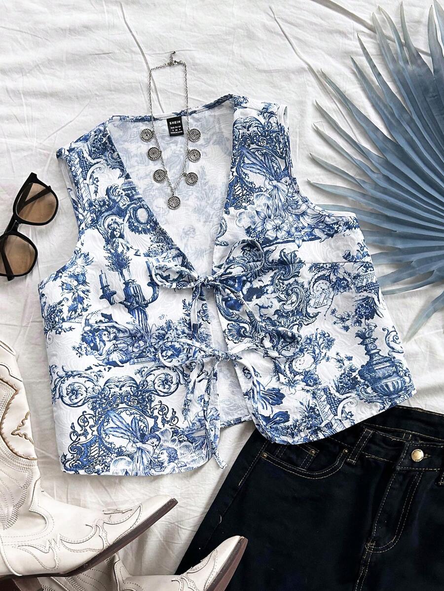 Soleia Áo kiểu nữ màu xanh dương và trắng cổ điển in hình tranh sơn dầu, họa tiết hoa, thắt nơ phía trước, thích hợp cho Lễ Tạ ơn, Lễ hội, Mùa thu. - Xanh và trắng - Xem 1