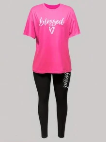 SHEIN 2 件套女士夏季休闲字母与心形印花圆领短袖 T 恤和紧身裤套装 - 彩色 - 查看 3